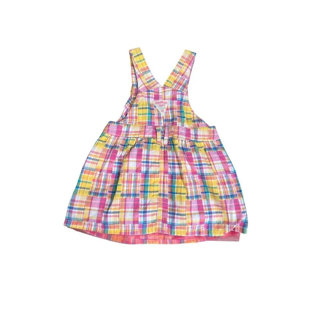 OshKosh BGosh Toddler Girls Plaid Overall Dress Size 24M Pink Yellow Teal Cotton